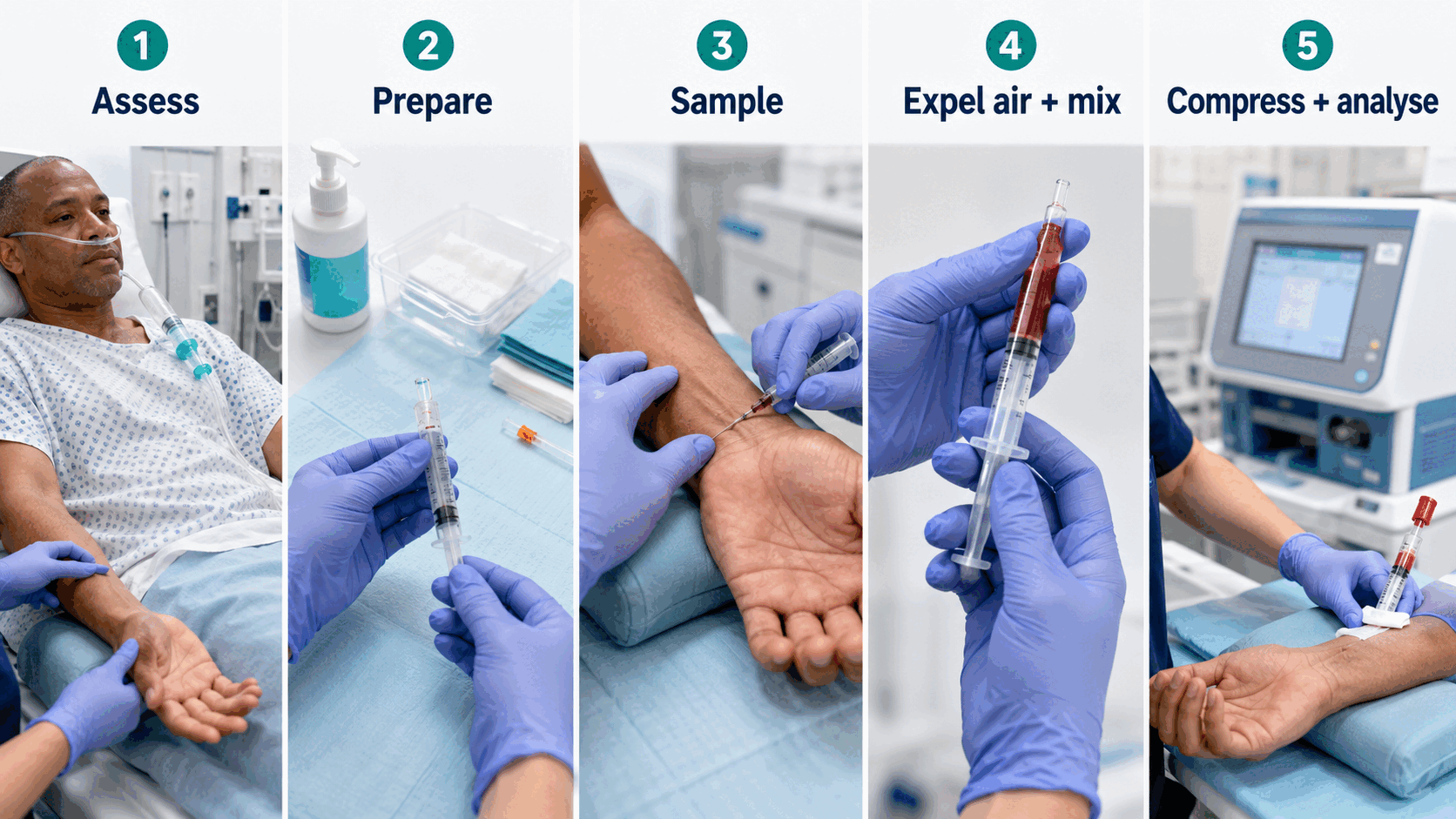 Radial arterial blood gas sampling from circulation assessment through compression and prompt analysis