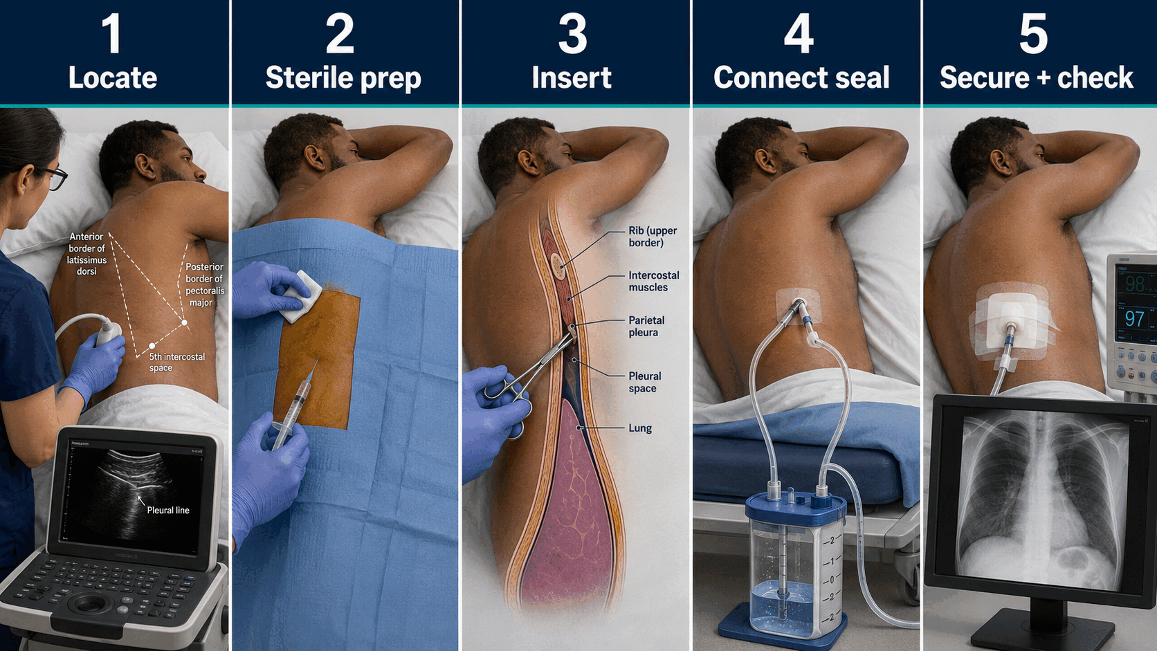 Intercostal chest drain insertion from safe-site identification through underwater seal connection and post-procedure checks