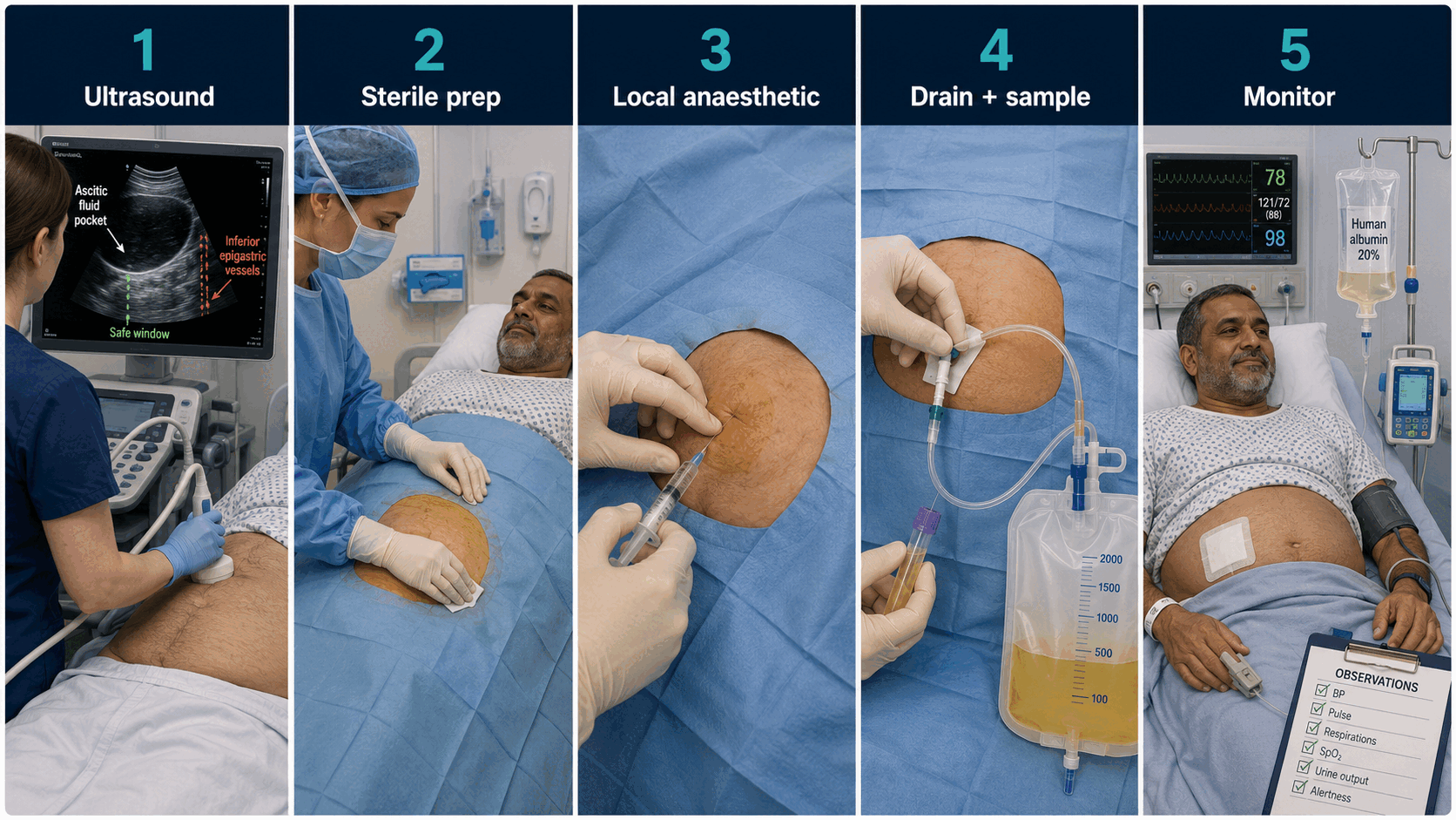 Ultrasound-guided abdominal paracentesis from safe-site selection through drainage and monitoring